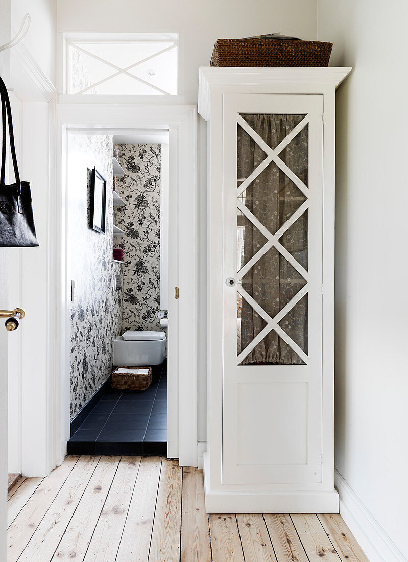 Showcase cabinet next to the open bathroom door with skylight