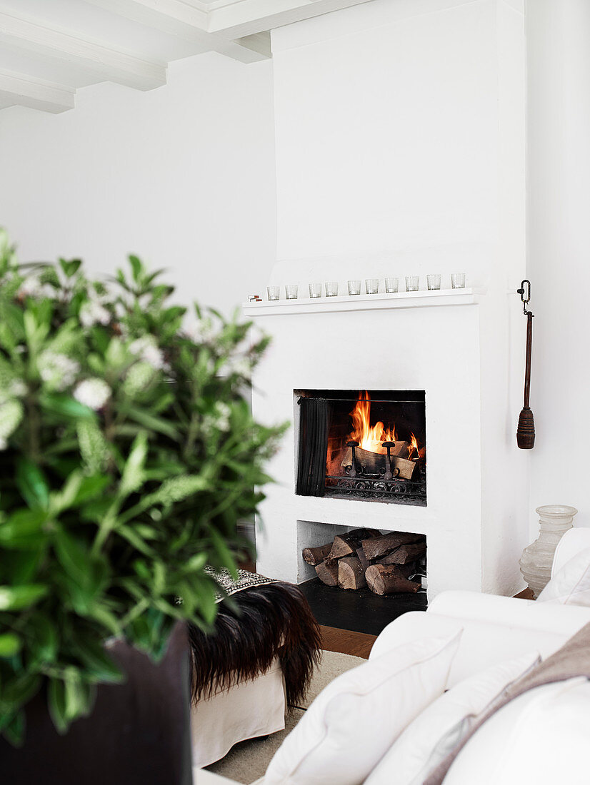 Kamin und Holzlager im Wohnzimmer