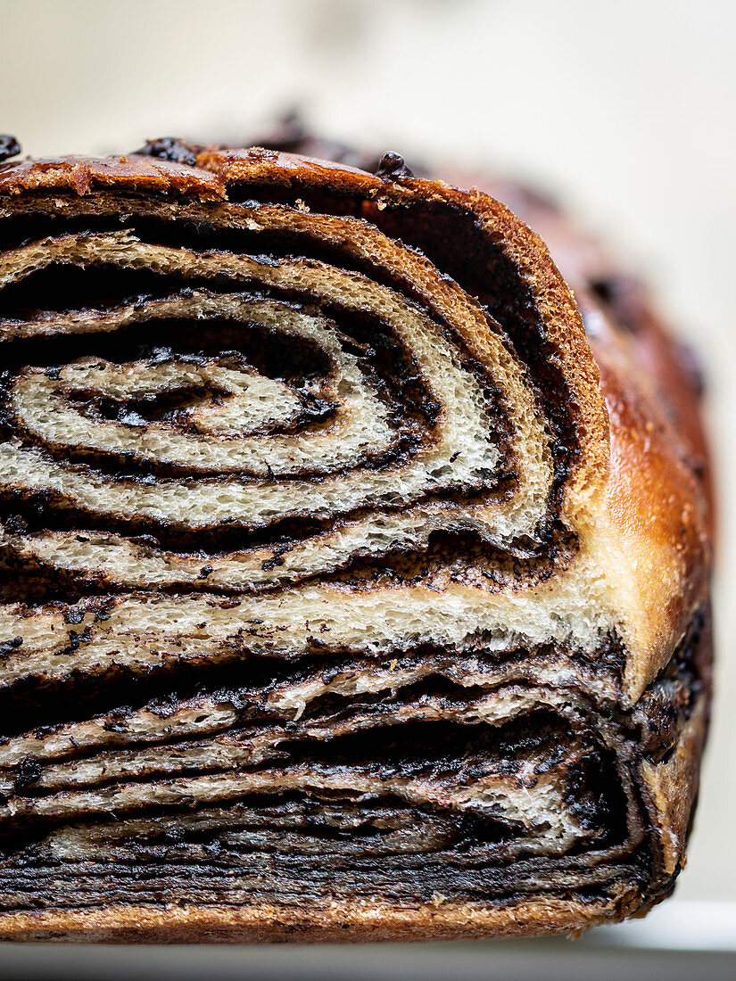 Sliced chocolate babka (close-up)
