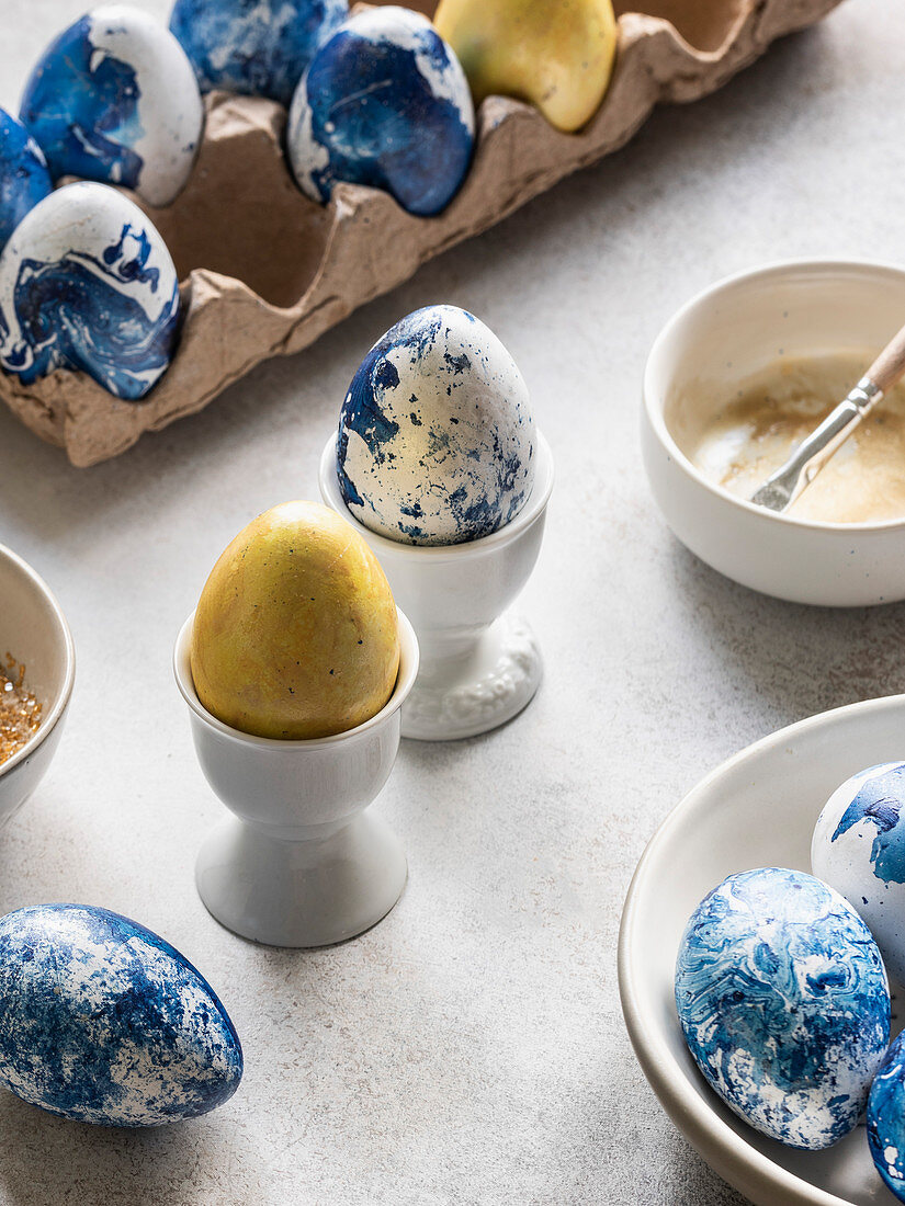 Blue marbled and gold Easter eggs