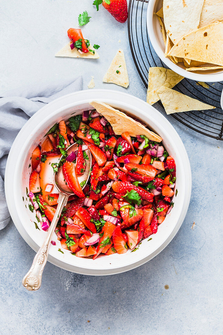 Strawberry salsa served with tortilla chips