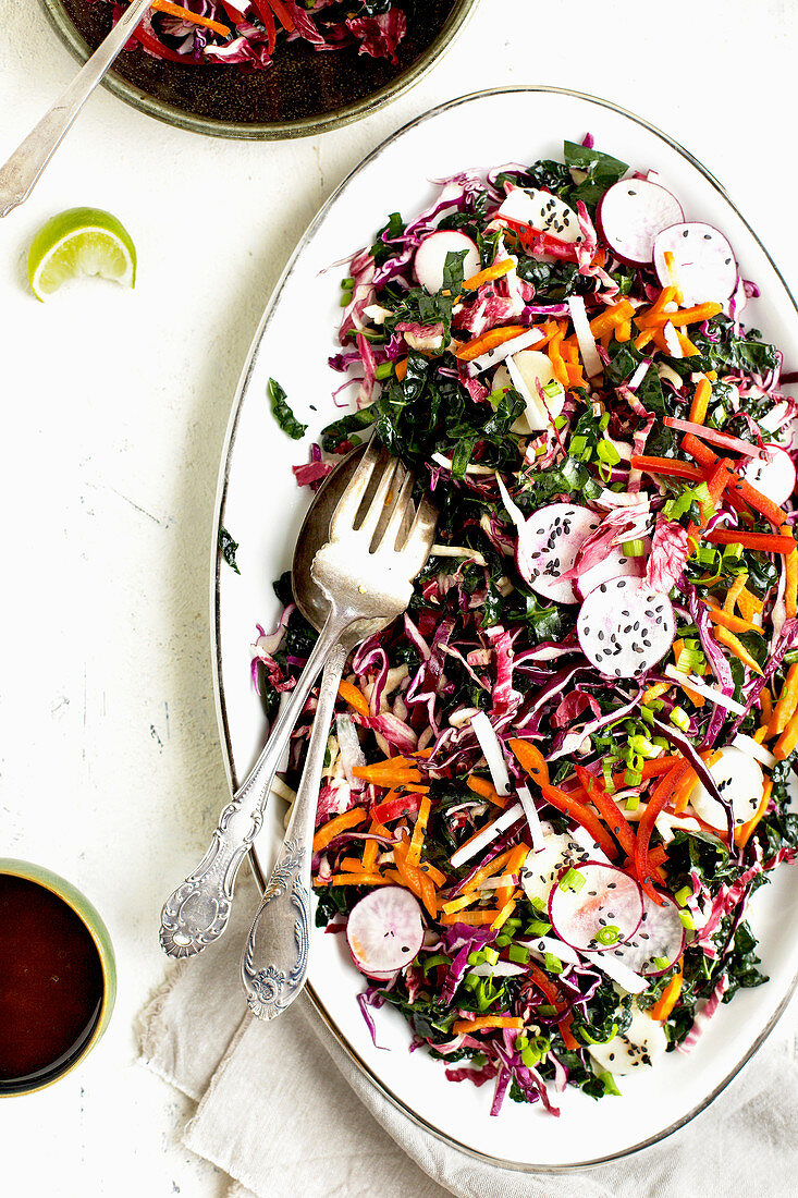 Kale salad with radicchio, radishes, carrots and pepper