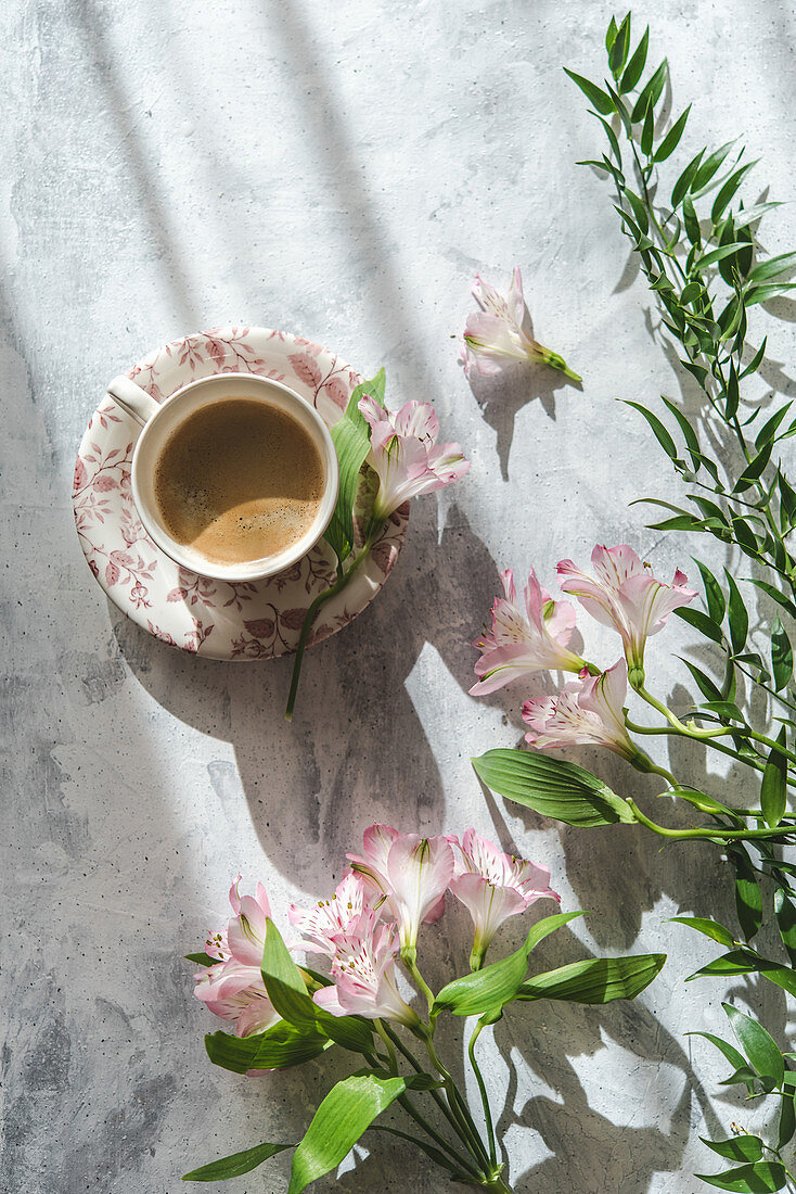 Eine Tasse Kaffee mit Milch im Sonnenlicht, daneben Blütenzweige