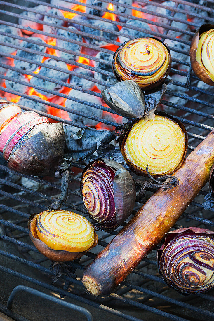 Onions and leek on a barbecue