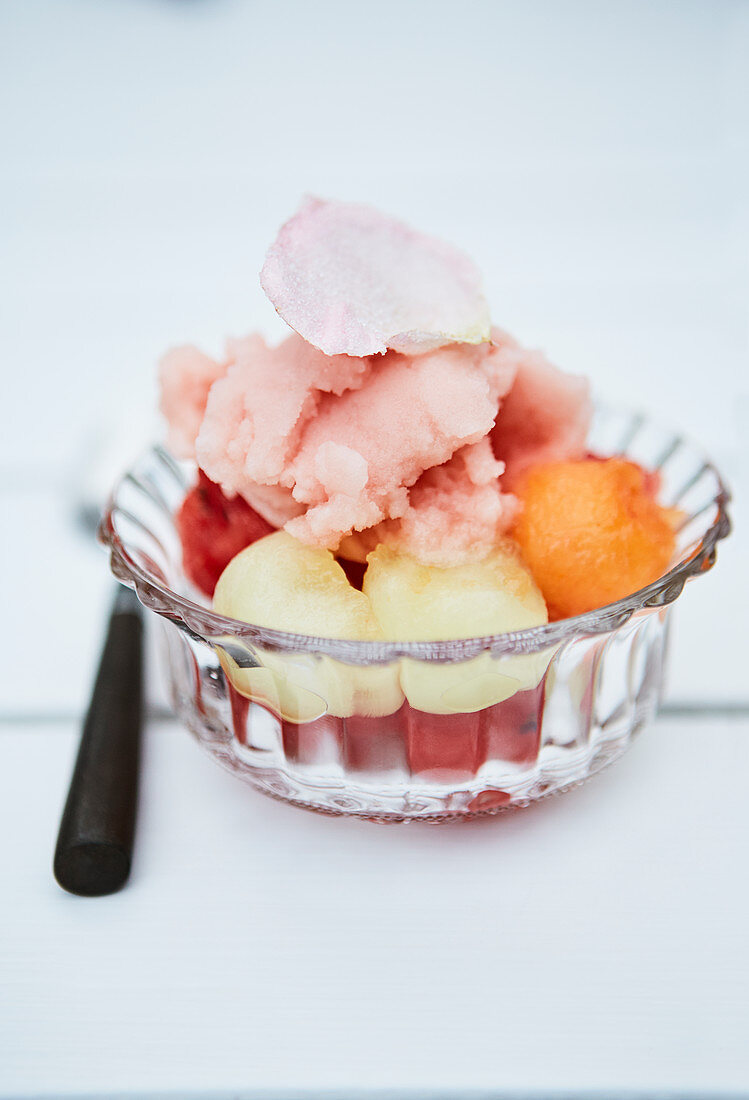 Fruit sorbet in a glass bowl