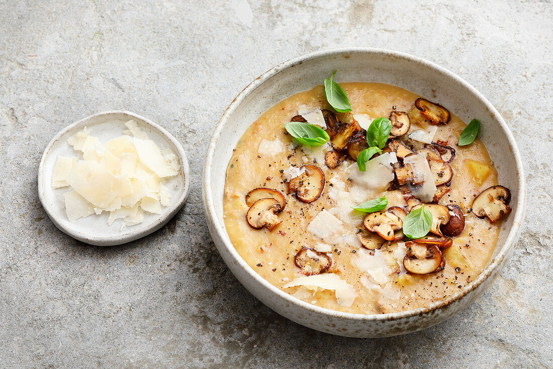 Cream of potato and mushroom with Parmesan cheese and basil