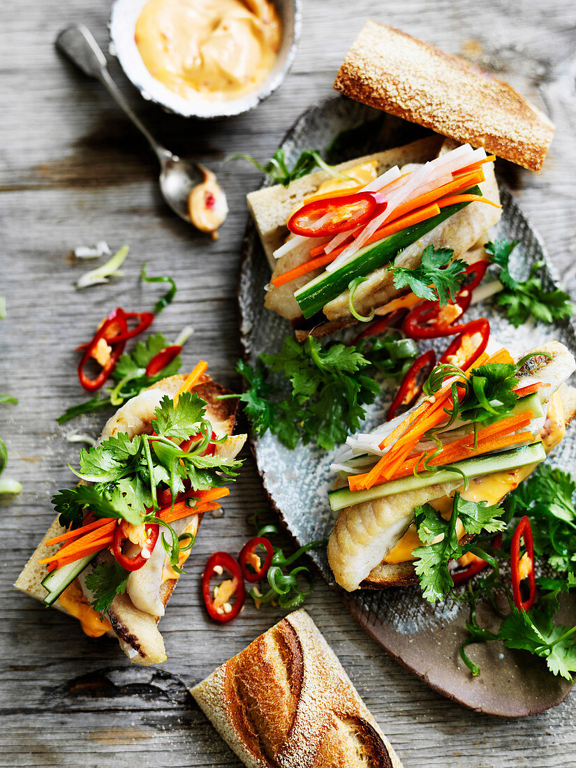 Fish Banh with Pickled Vegetables and Spicy Mayonnaise