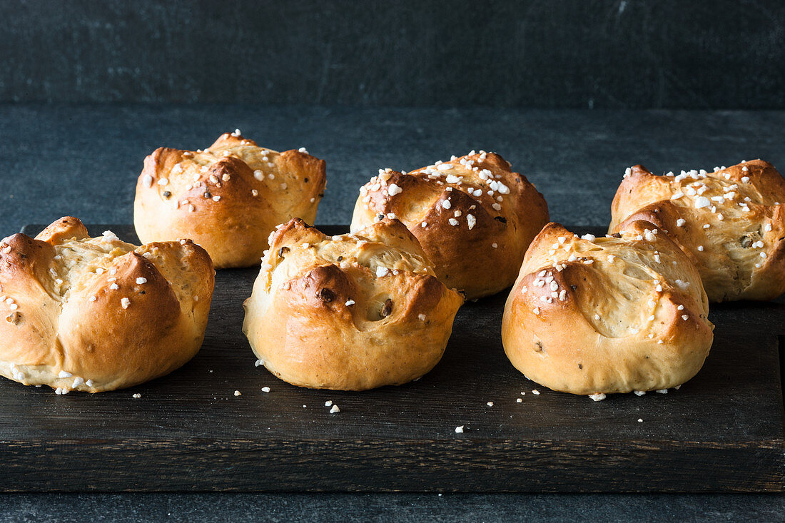 Creme fraîche rolls with pistachio nuts and sugar nibs