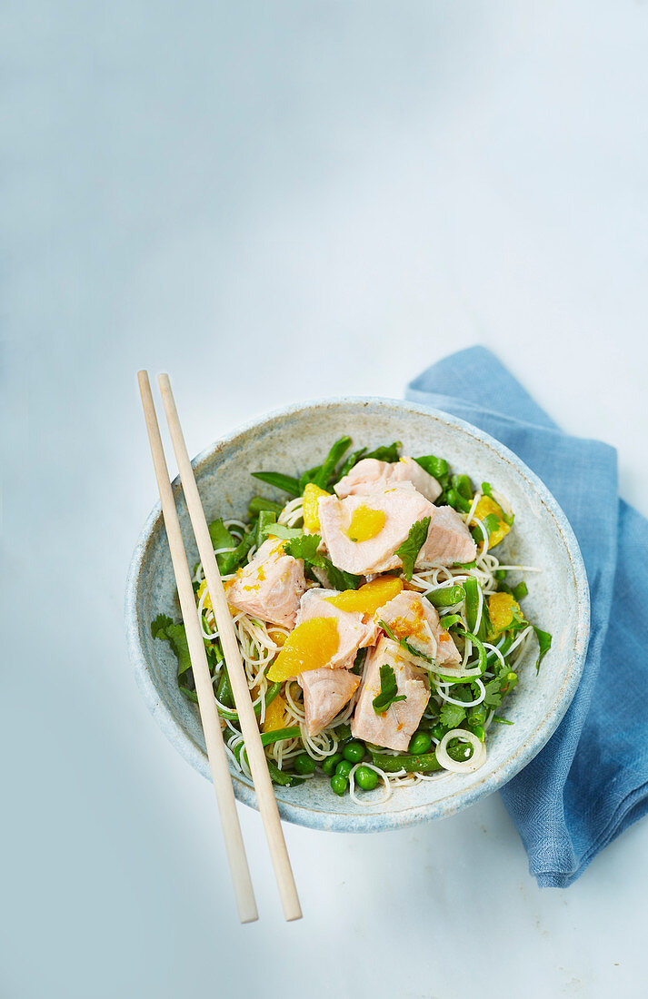 Healthy fresh salmon with Thai noodle salad