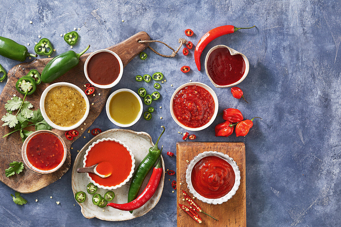 Eight types of chilli sauces