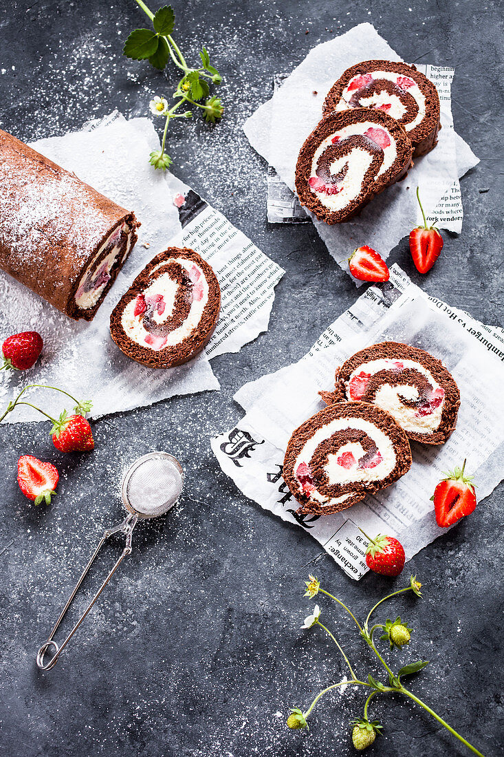 Chocolate strawberry roll cake