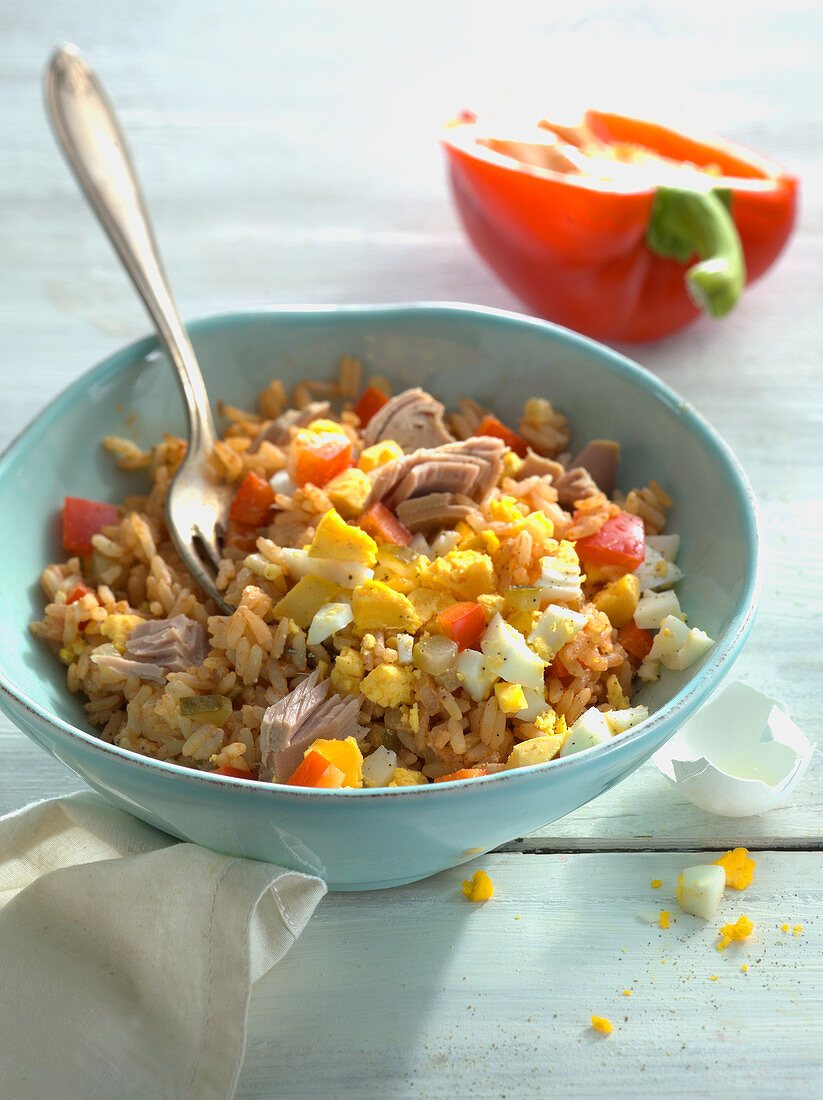 Tuna salad with rice, peppers and egg