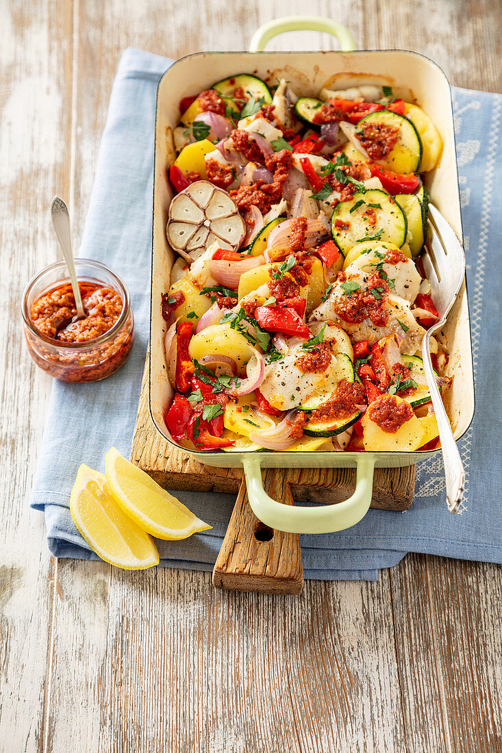 Fisch-Gemüse-Auflauf mit getrocknetem Tomatenpesto