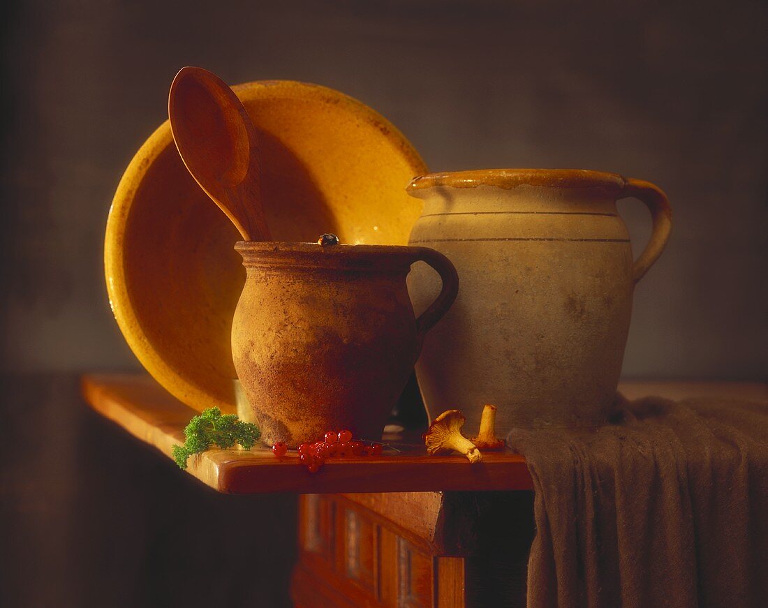 Two Clay pitchers with a Wooden Spoon; Bowl