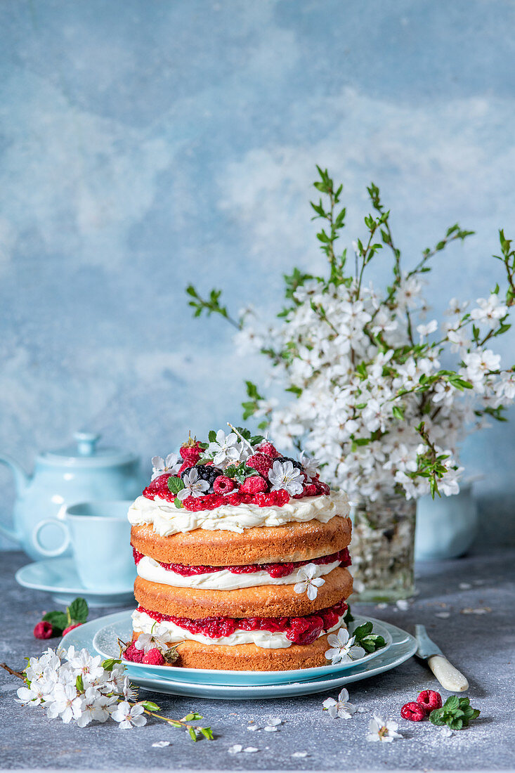 Sponge cake with mascarpone and berries