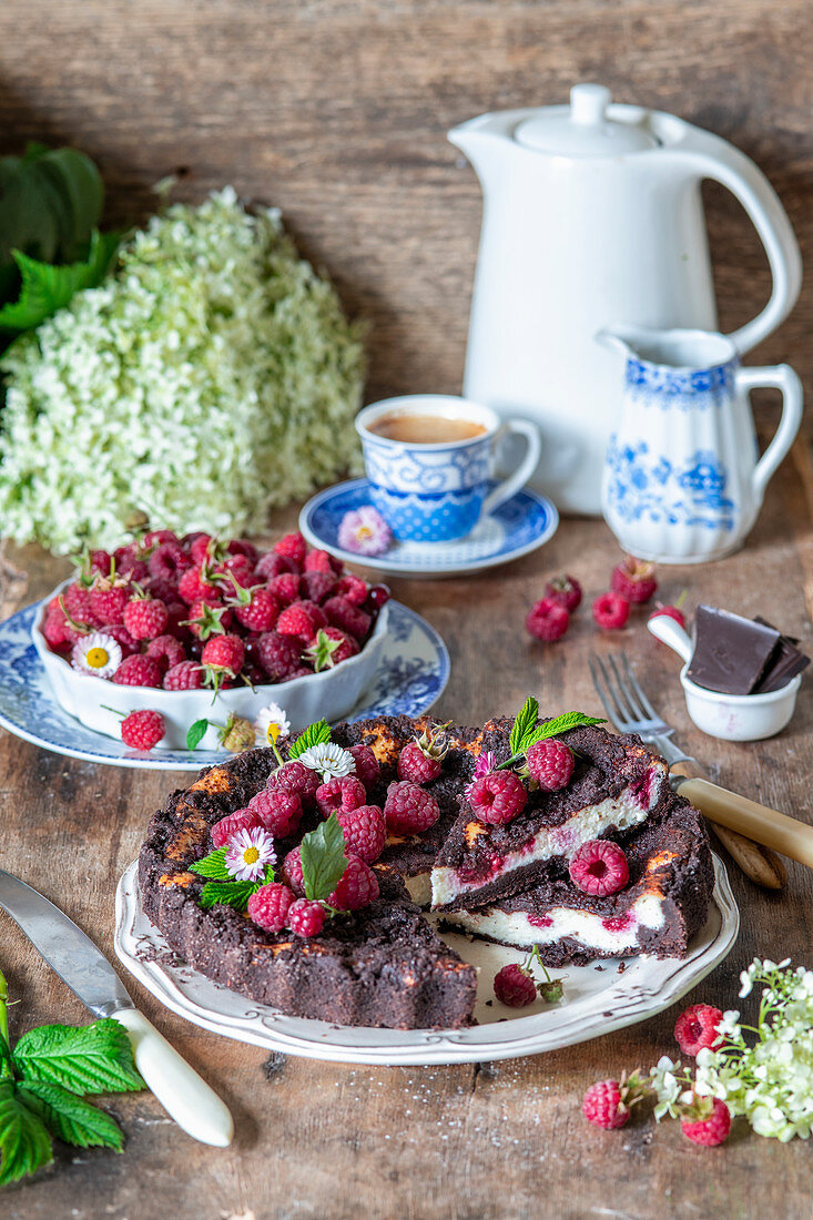 Chocolate streusel raspberry cake with quark filling
