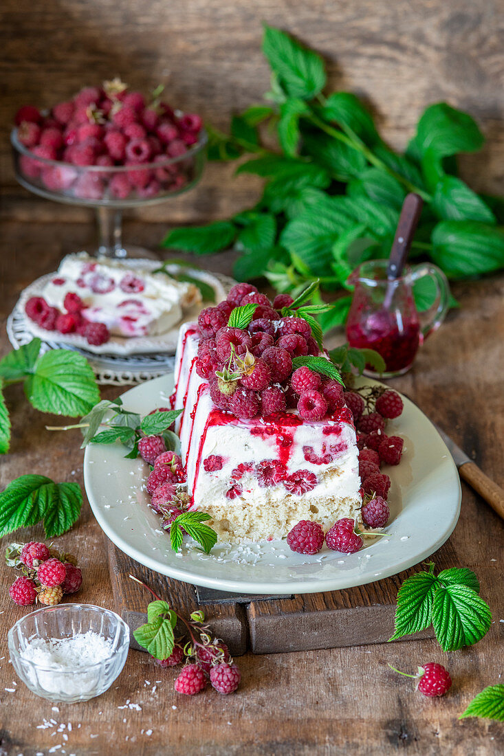 Raspberry quark mousse cake (from freezer) with vanilla sponge