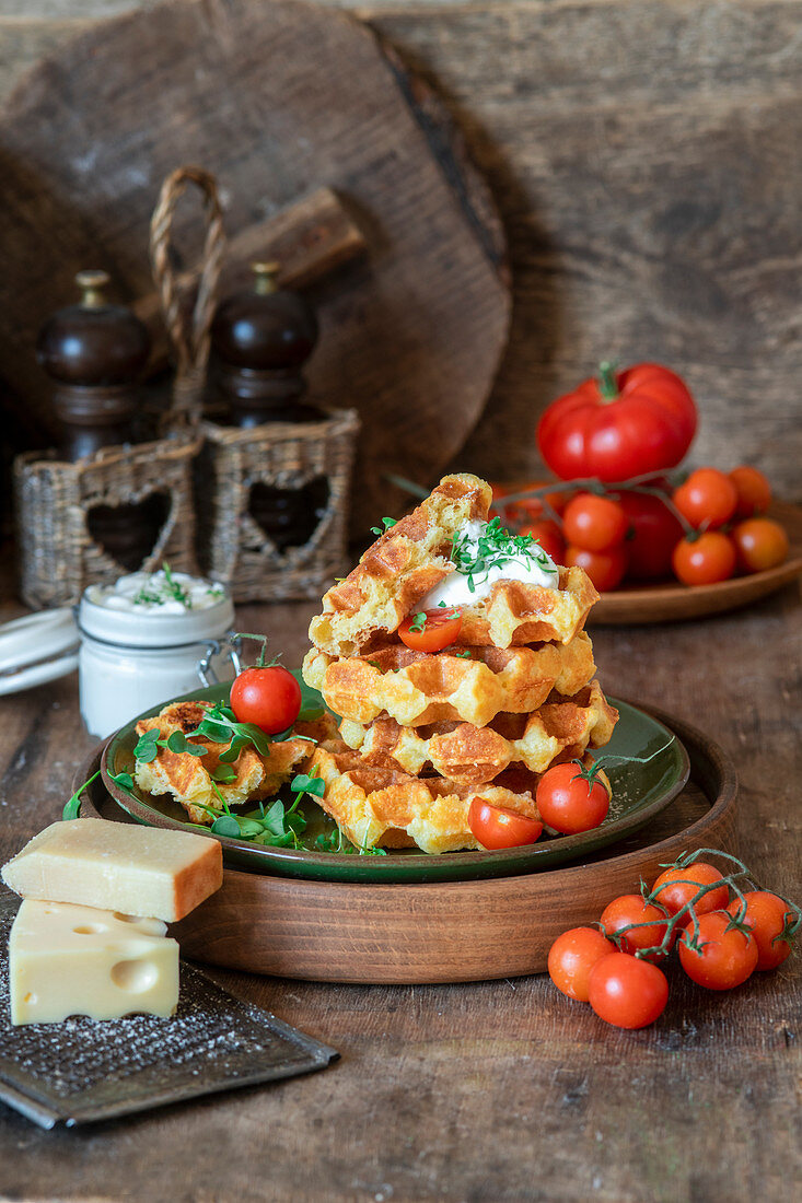 Cheese waffles with tomatoes