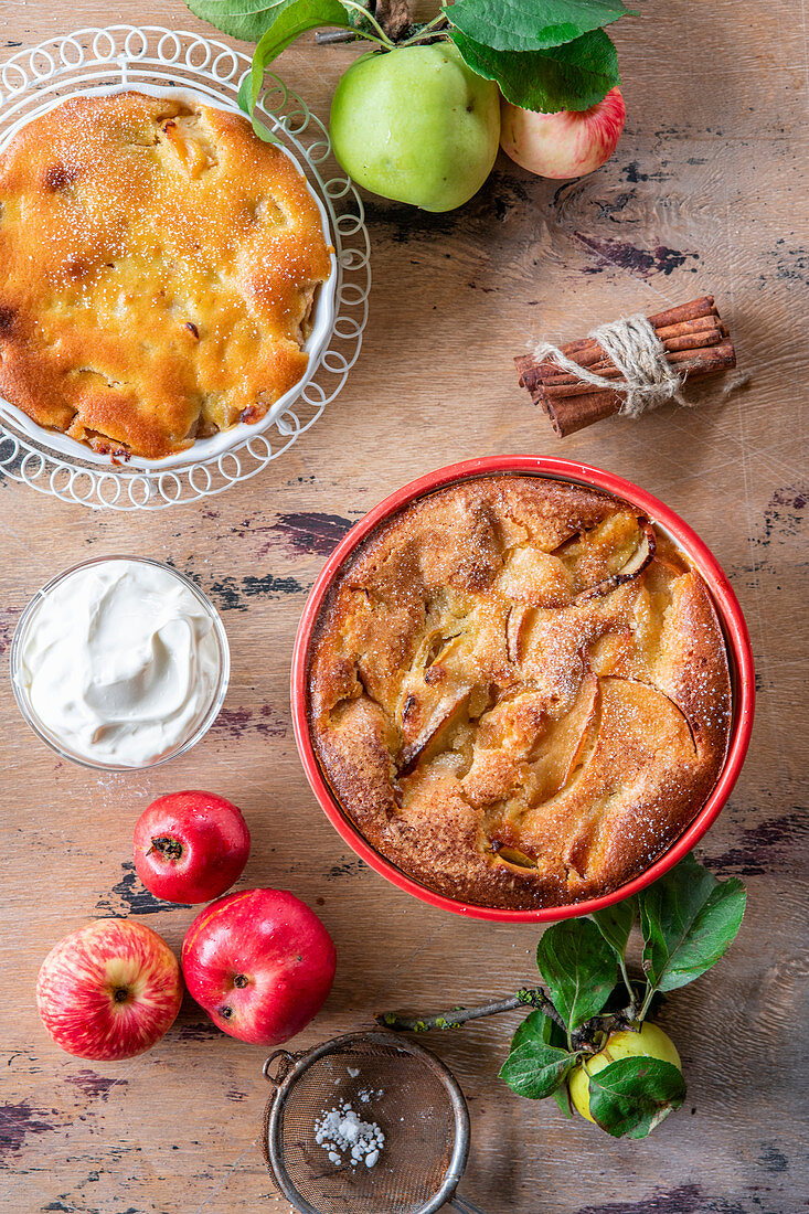 Apple cake with liquid batter and cinnamon