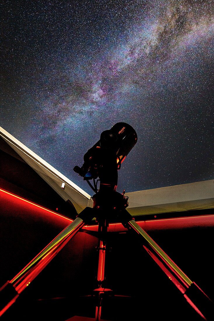 Telescopes at an observatory with the Milky Way
