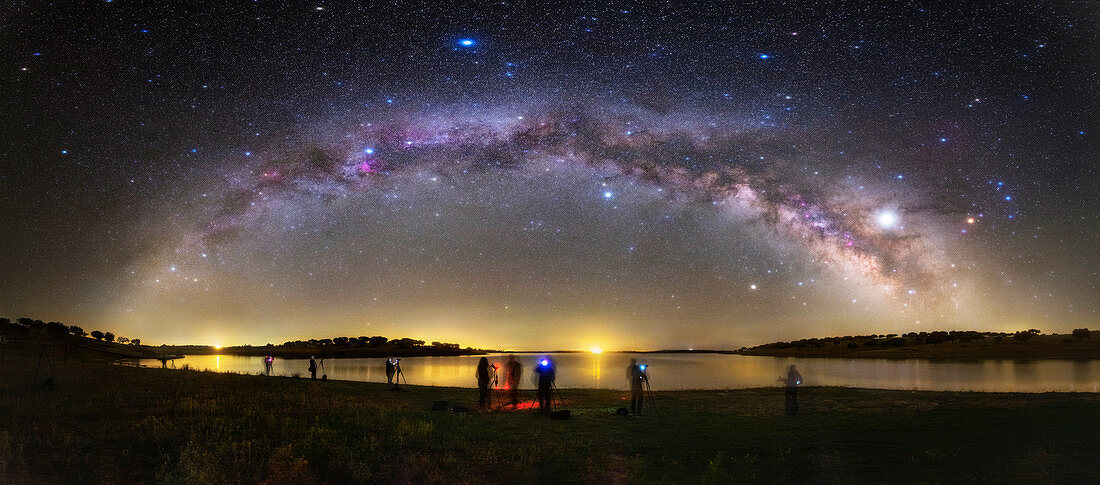 Milky Way over lake with stargazers