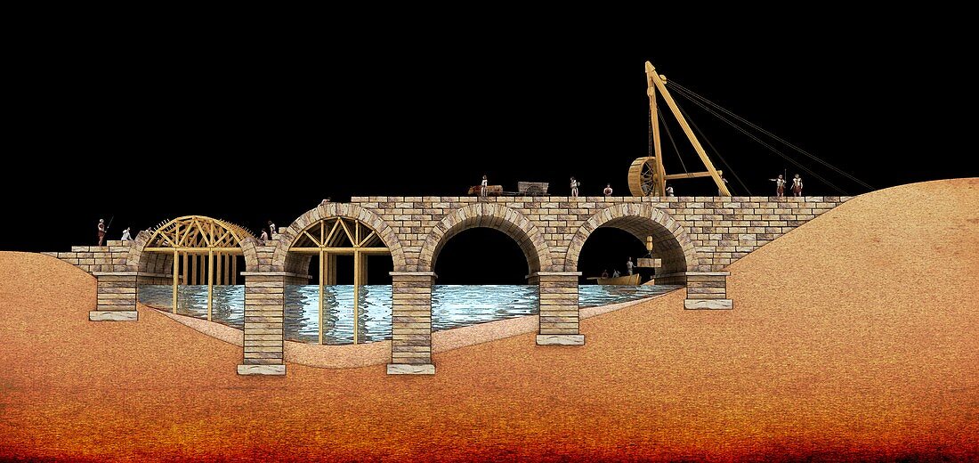 Roman bridge building,illustration