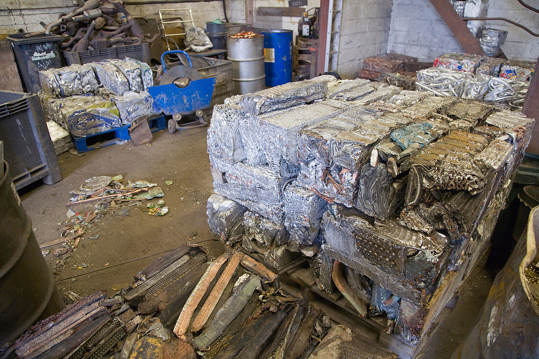 Aluminium and car radiators at metal recycling centre