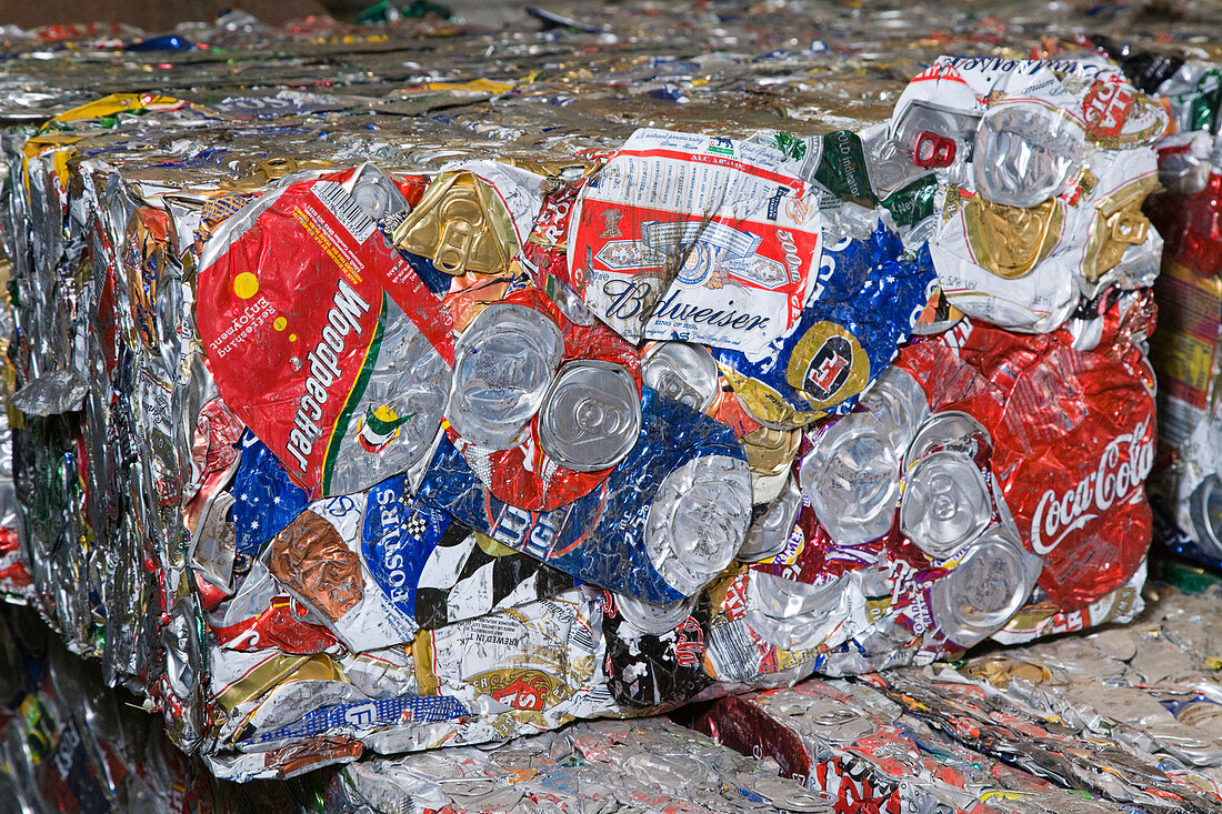 Bale of old aluminium cans at a metal recycling centre