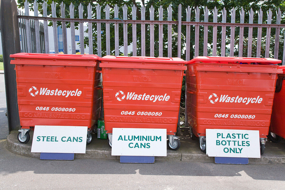 Various recycling bins at city tip