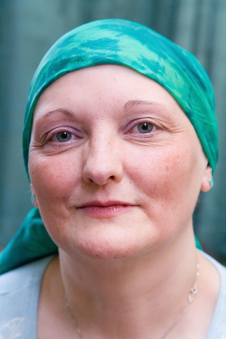 Chemotherapy patient wearing a silk scarf to cover hair loss