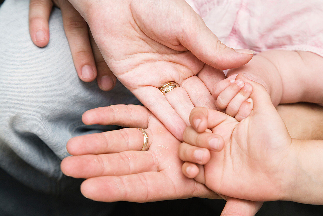 Close-up of parents' and childrens' hands