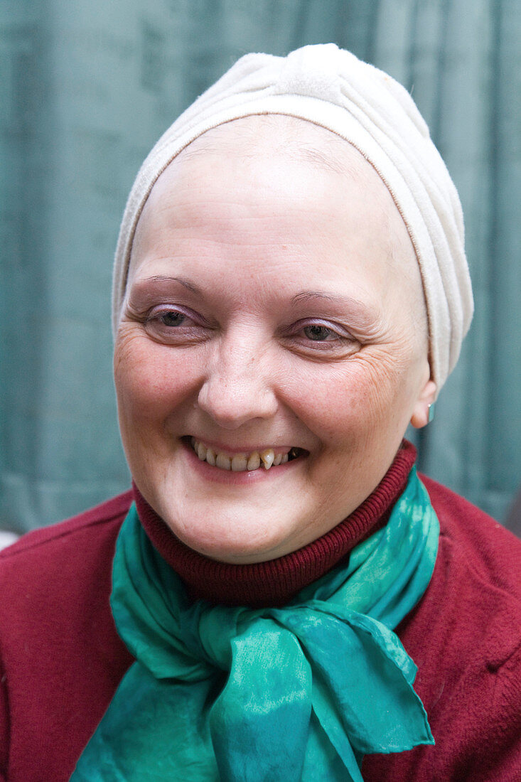 Chemotherapy patient wearing a towelling turban