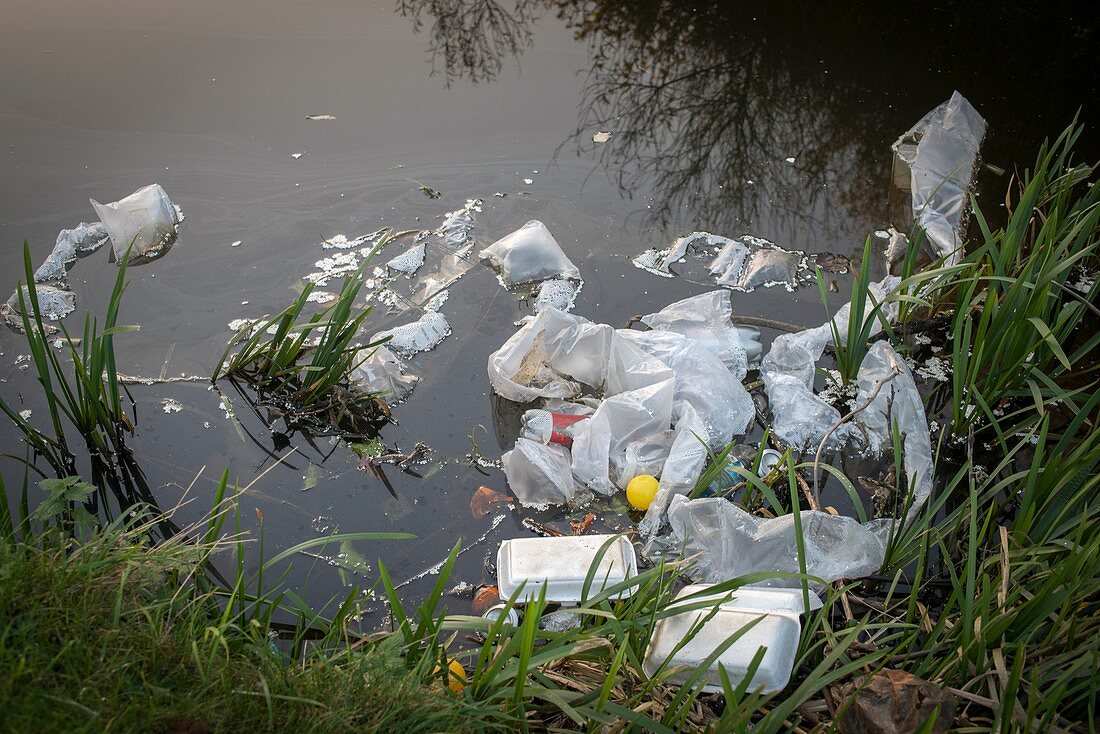 Plastic garbage in waterway.