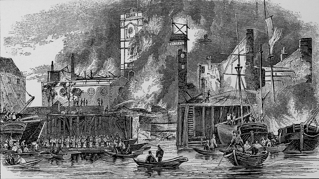 Fire at Toppings Wharf, London Bridge, 1843, c1843