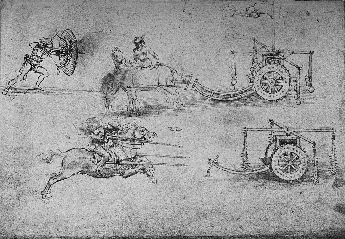 Drawings of Chariots Armed with Flails, c1480