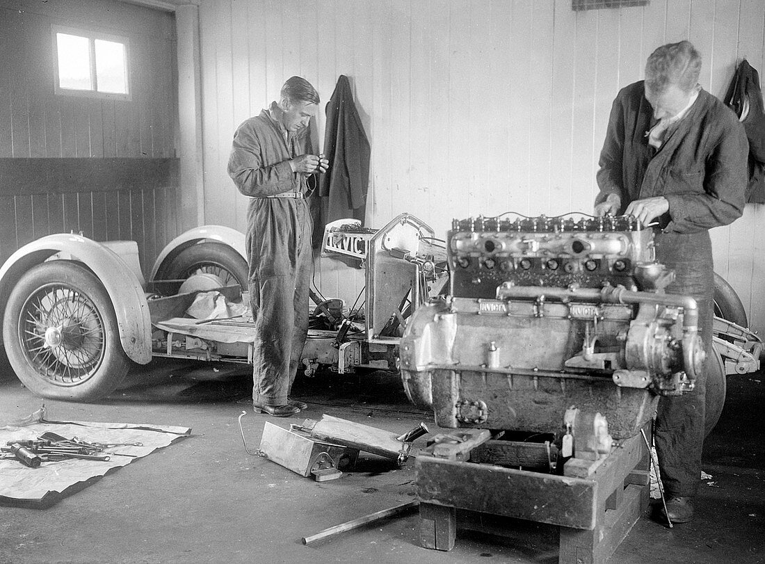 Mechanics working on Raymond Mays' 4500 cc Invicta car