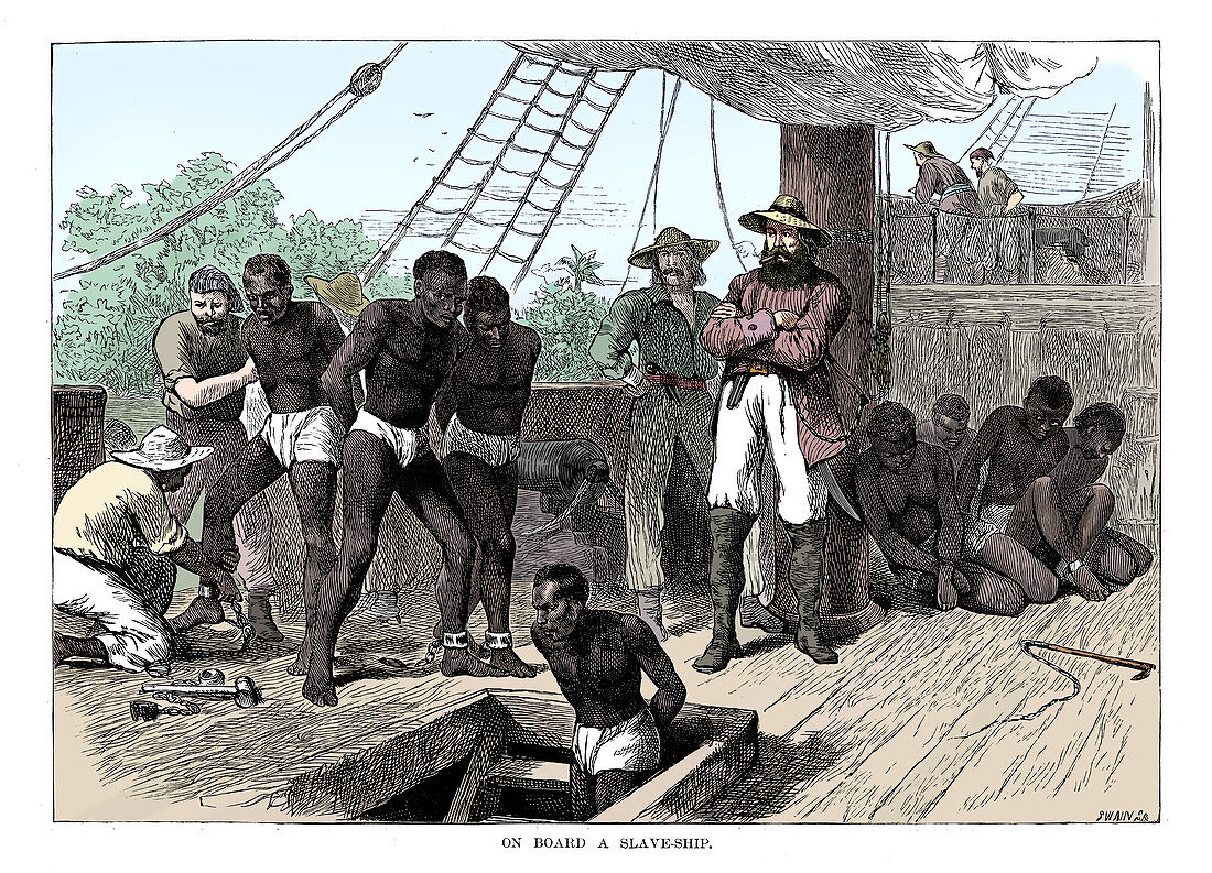 Captives being brought on board a slave ship, c1880
