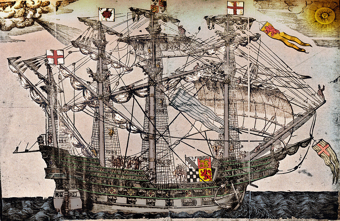 A woodcut of a ship believed to be The Ark Royal, c1587