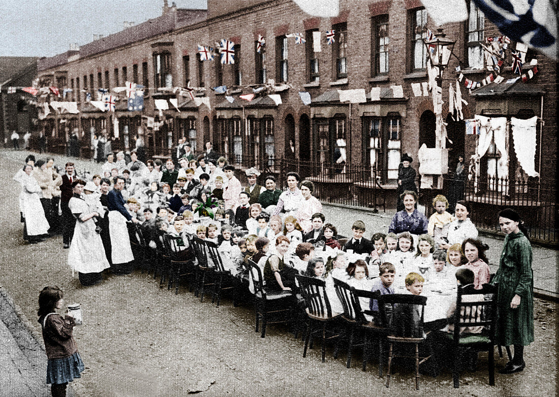 A children's tea party in an East End Street in London