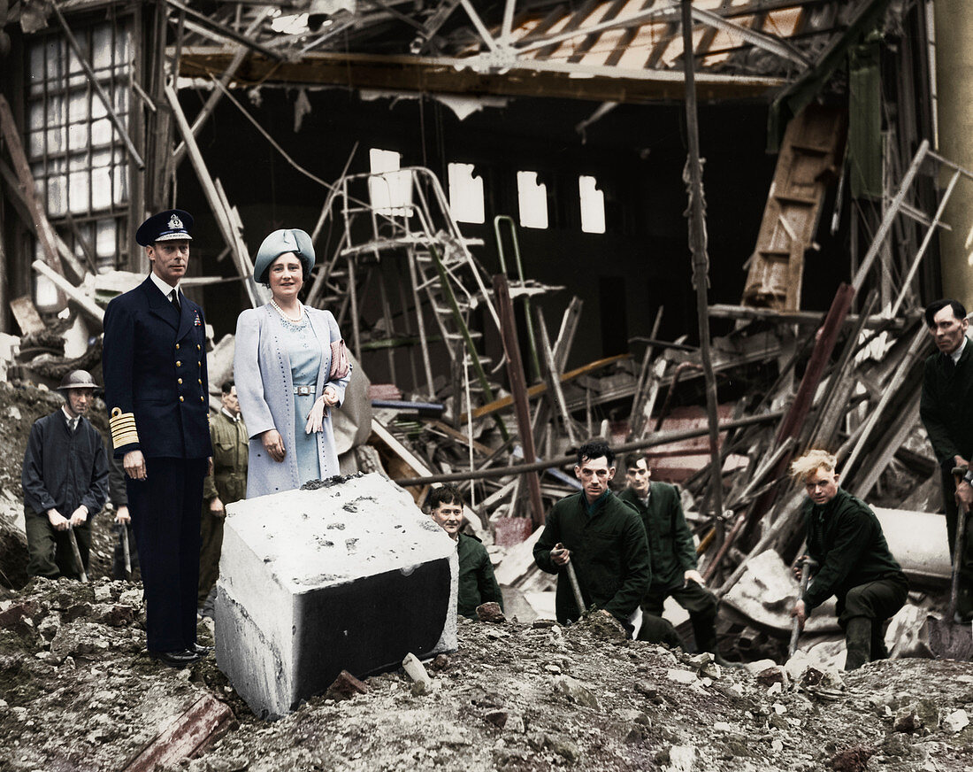 The King and Queen survey bomb damage, London, WWII, 1940