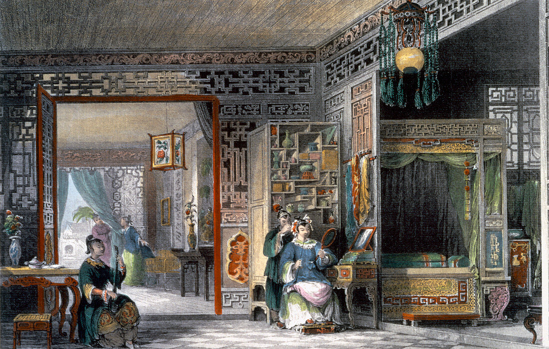 Boudoir and bedchamber of a lady of rank, China, 1843