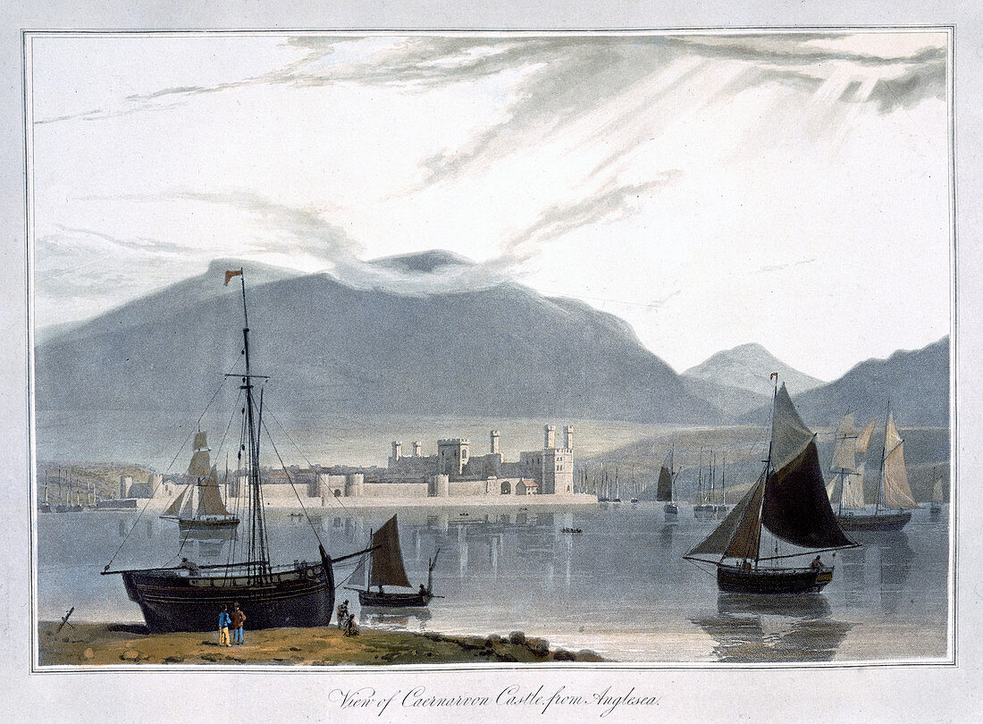 View of Caernarvon Castle from Anglesea, Wales, 1814