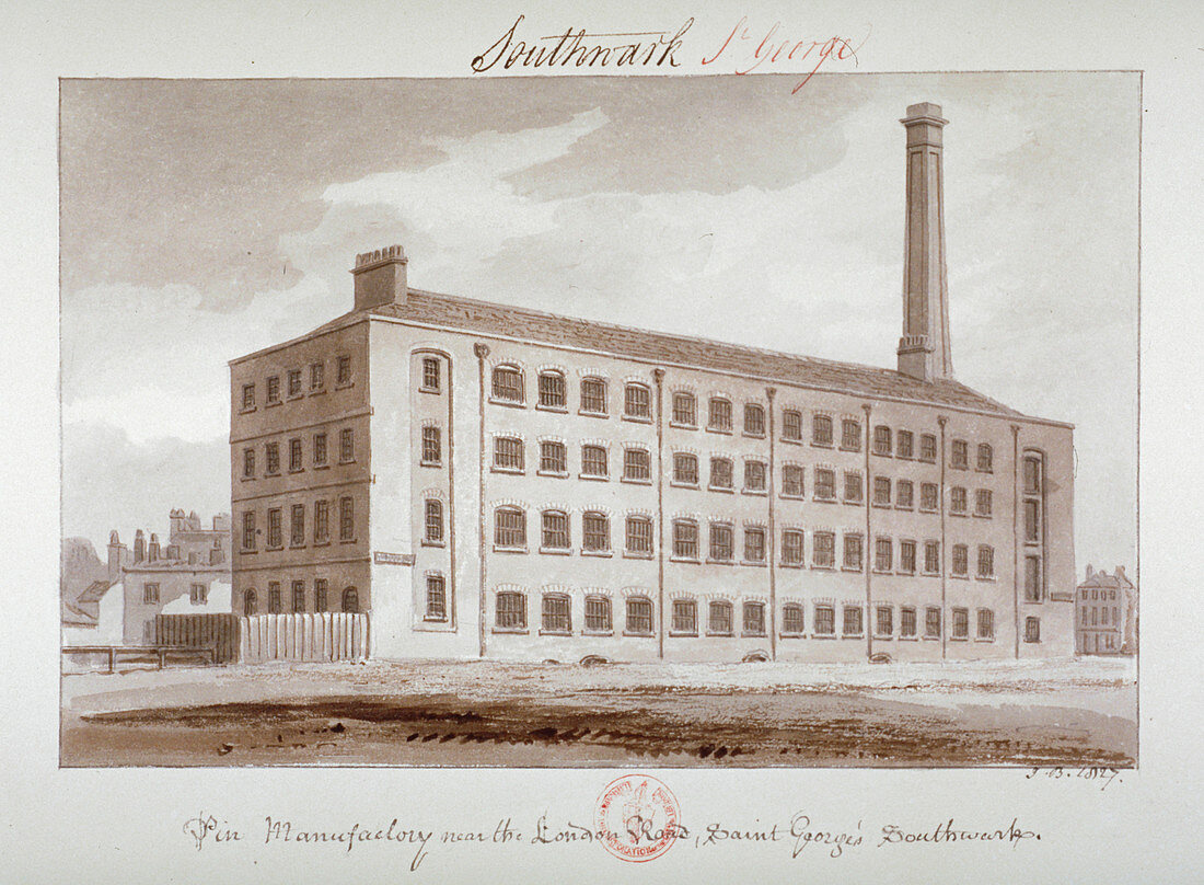 Pin manufactory near London Road, Southwark, London, 1827