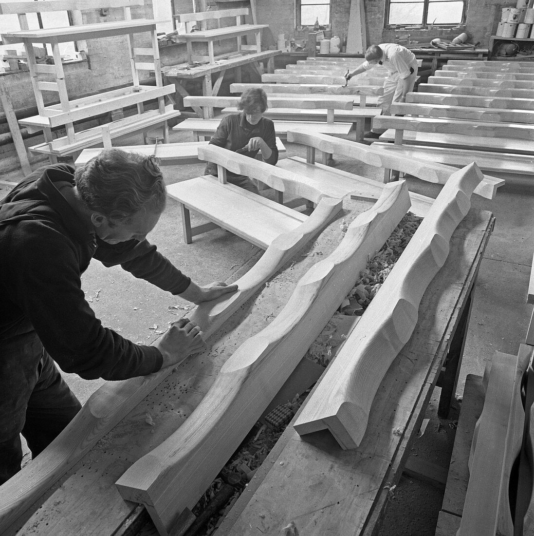 Carpenters working on church pews, 1969
