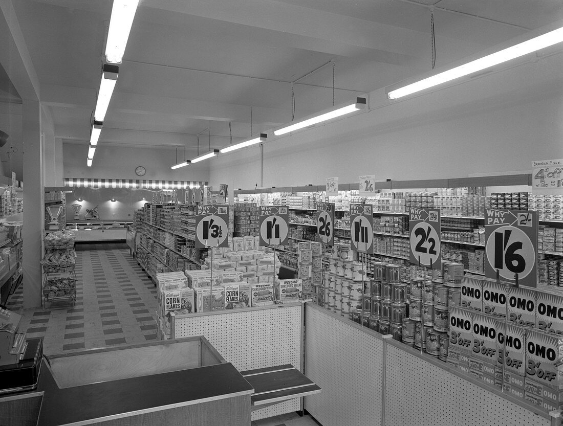 Cash and carry interior, Goldthorpe, South Yorkshire, 1960