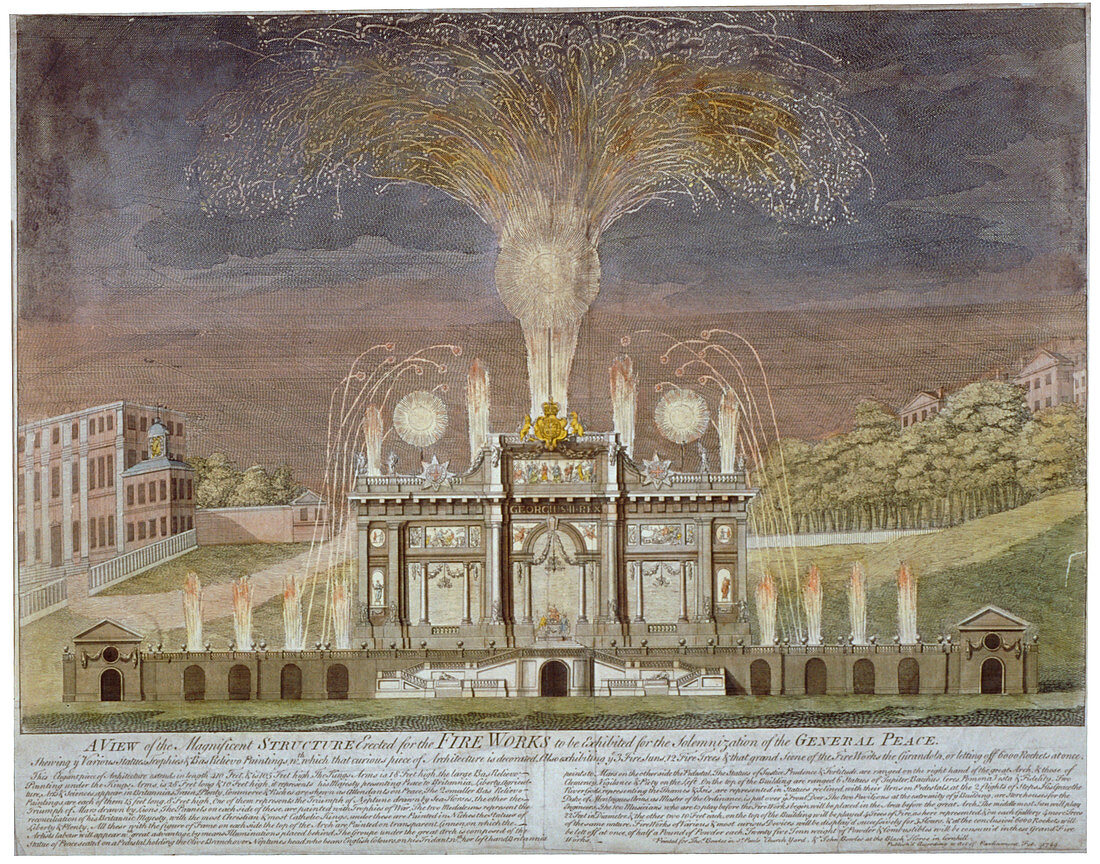 Fireworks in Green Park, Westminster, London, 1749