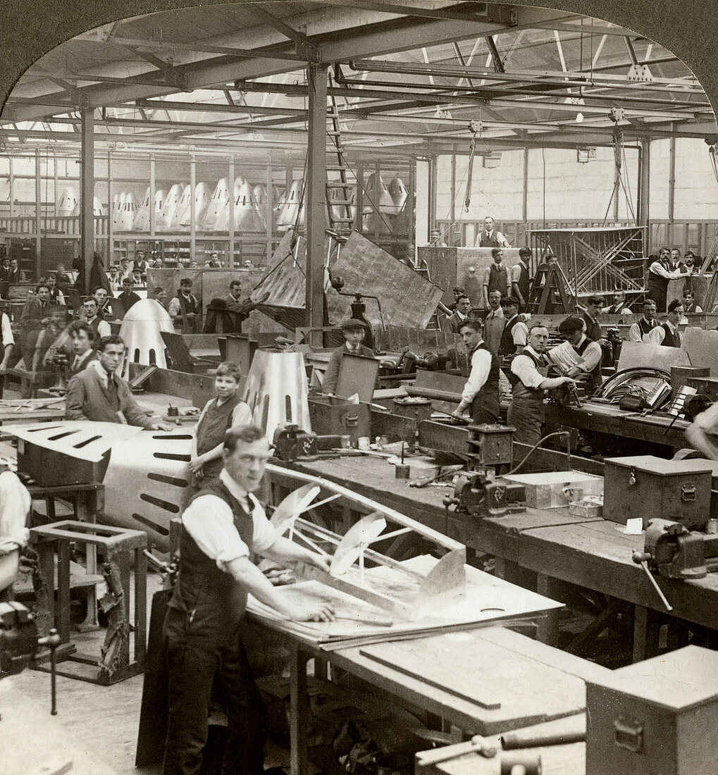 Sheet metal workers at a aeroplane factory, World War I