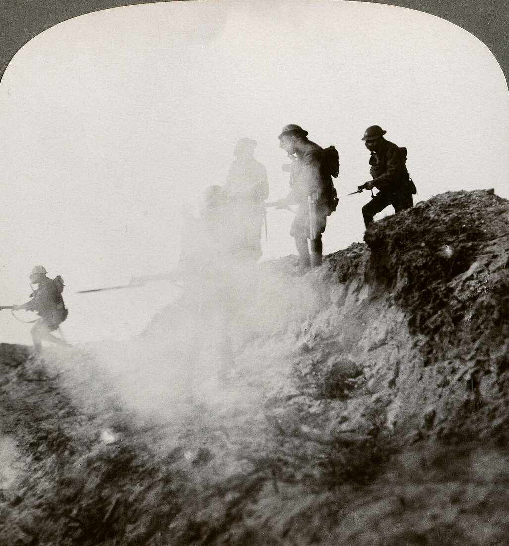 British soldiers advancing under cover of gas and smoke, WWI