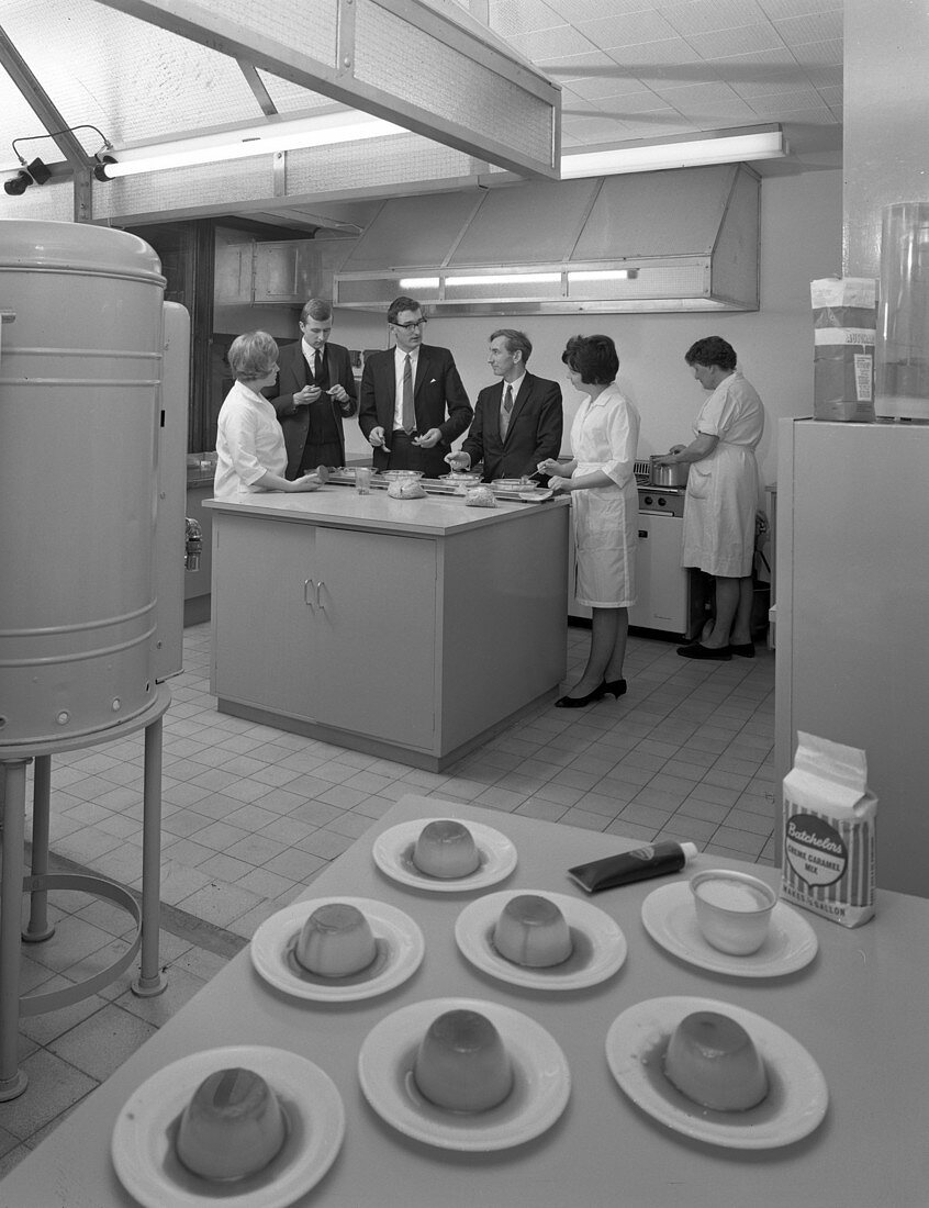 Food tasting in experimental kitchen, Batchelors Foods, 1966