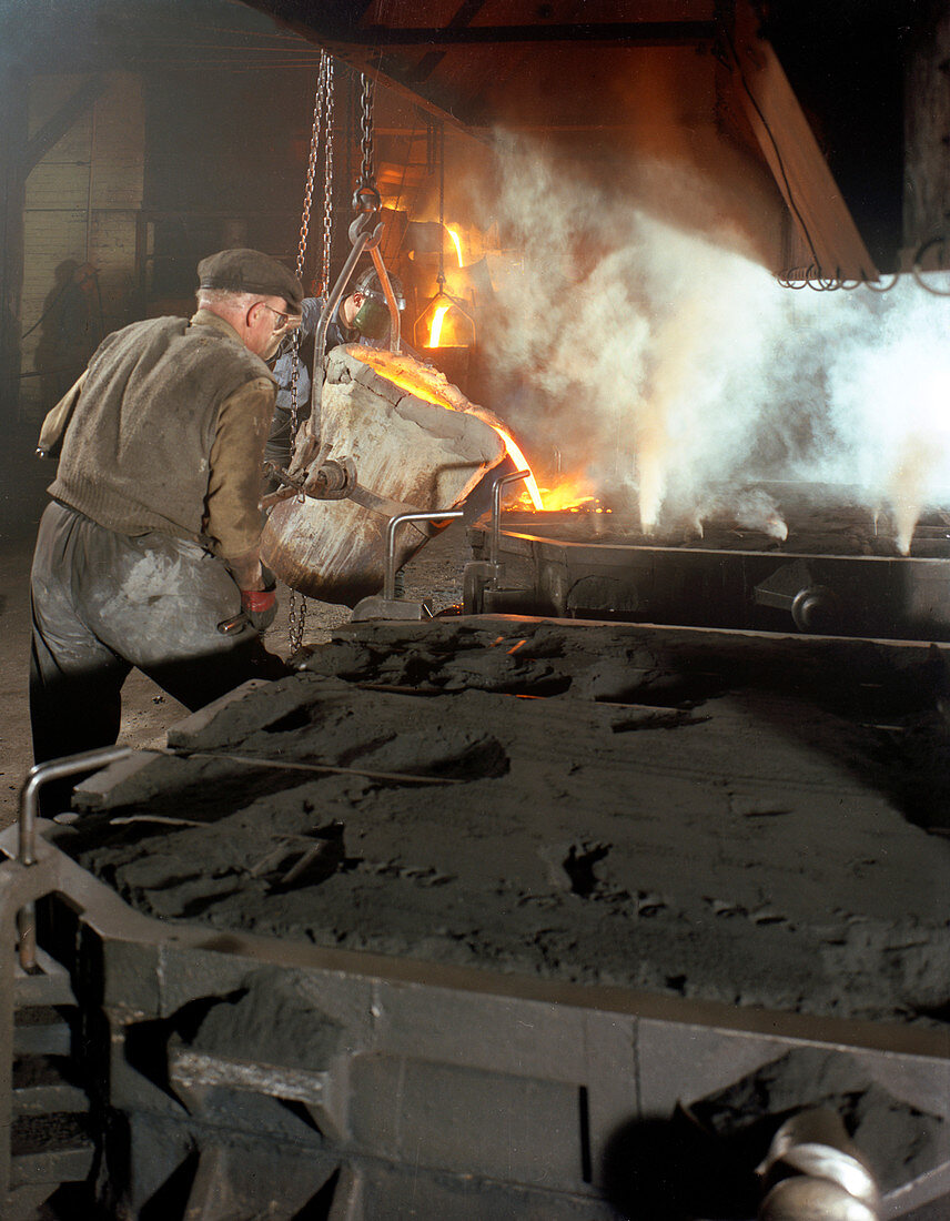 Pouring molten metal from a cupola into moulds, 1965